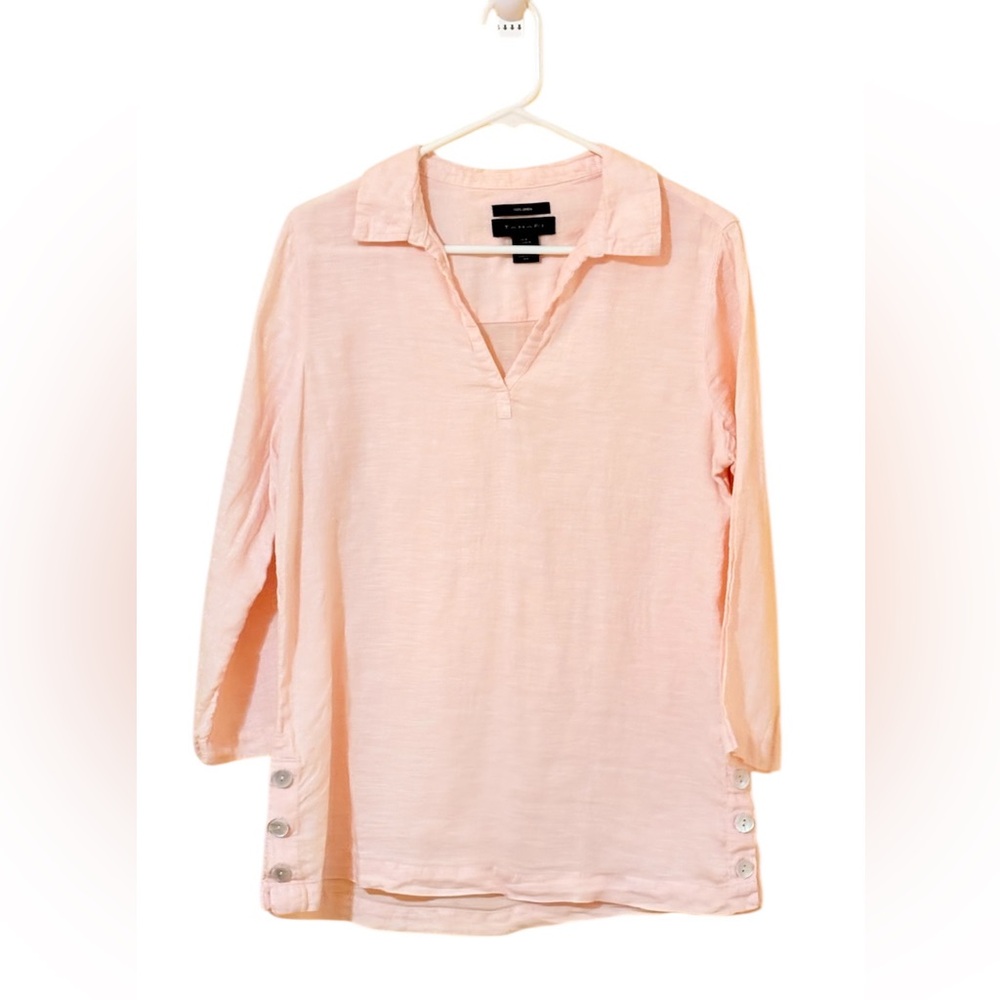 Tahari 100% Linen Light Pink Button Side Tunic Top 3/4 Sleeve Size M